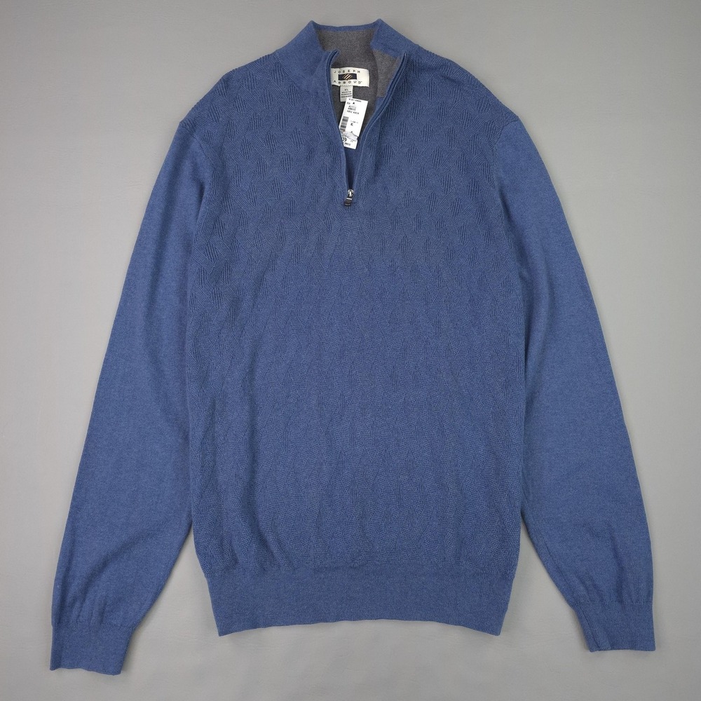 Joseph Abboud Sweater Mens XL Blue Herringbone 1/4 Zip Mock Neck Cotton Cashmere